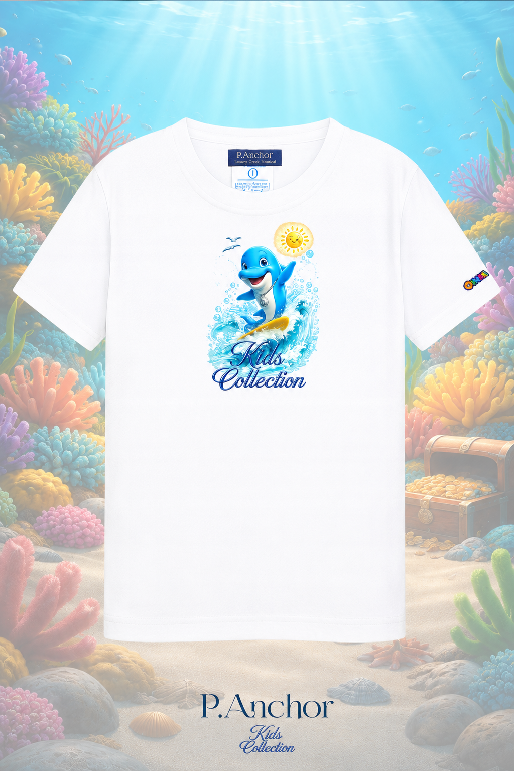 White t-shirt with a dolphin graphic on a colorful underwater background, featuring P.Anchor Kids Collection branding.