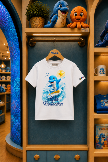 White t-shirt with dolphin design hanging on a rack in a store setting.