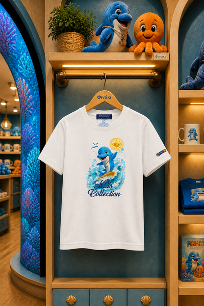 White t-shirt with a dolphin design hanging on a rack in a store setting.