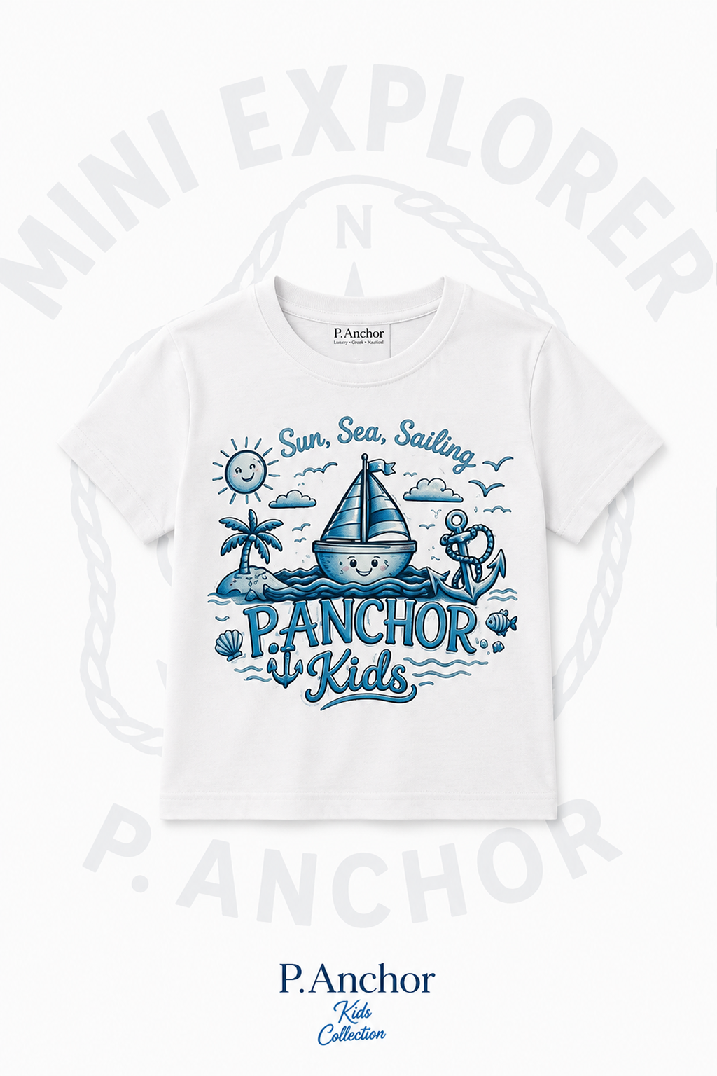 White t-shirt with blue ocean-themed design and 'P.Anchor Kids' branding on a white background.