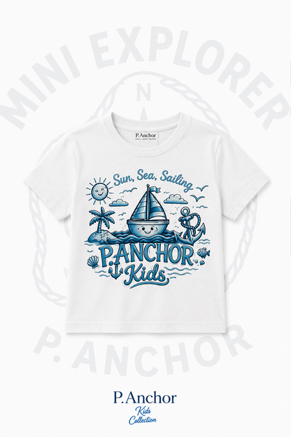 White t-shirt with blue ocean-themed design and 'P.Anchor Kids' branding on a white background.