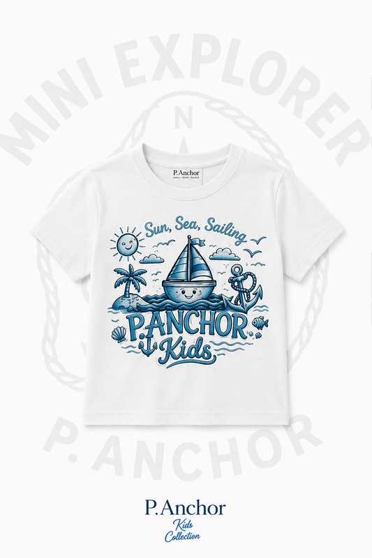 White t-shirt with blue ocean-themed design and 'P.Anchor Kids' branding on a white background.