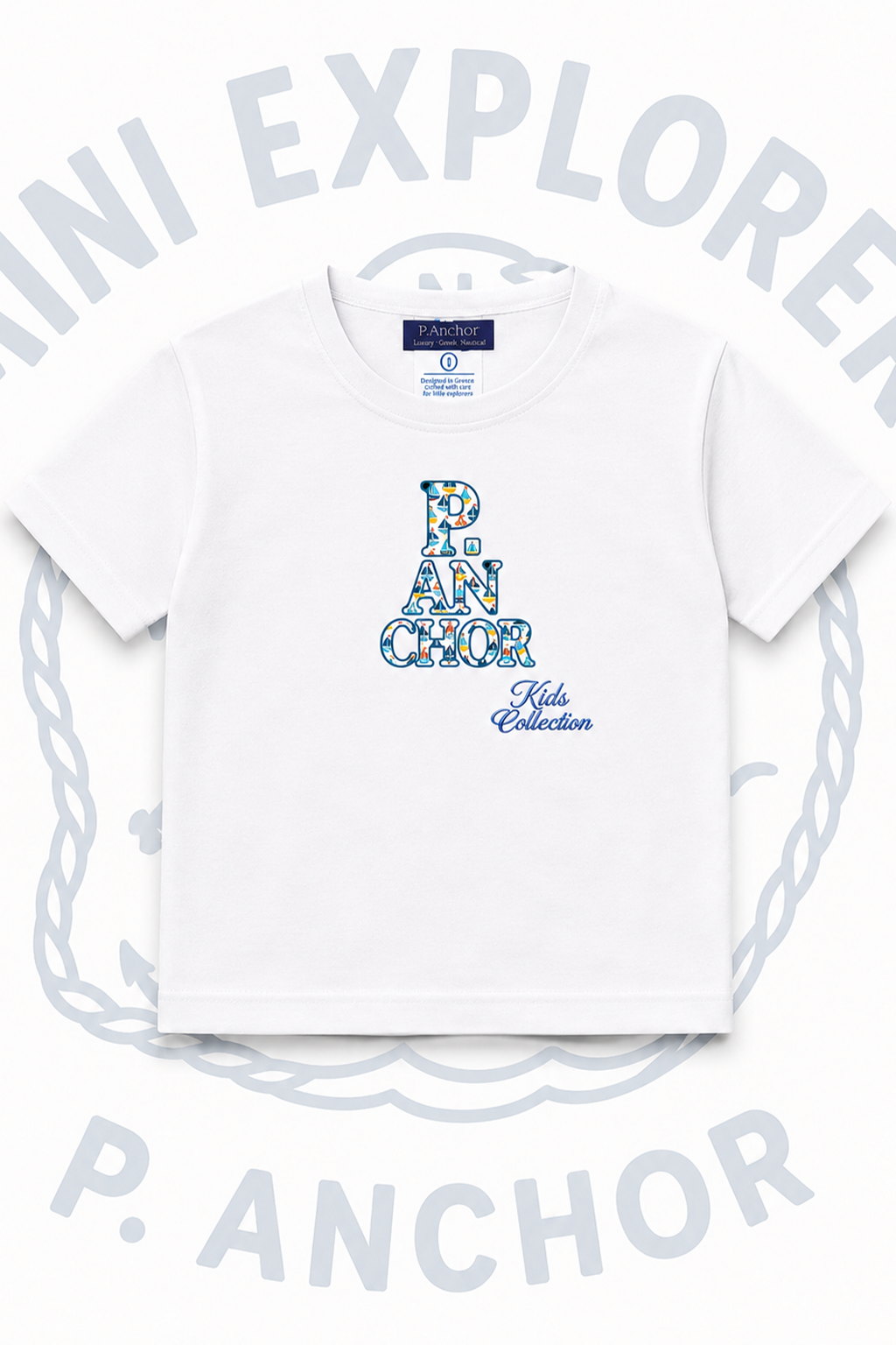 White t-shirt with 'P. Anchor' branding on a white background
