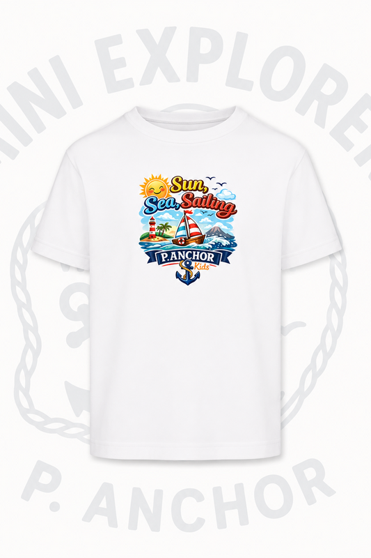 White t-shirt with a colorful graphic design featuring text and icons on a white background.