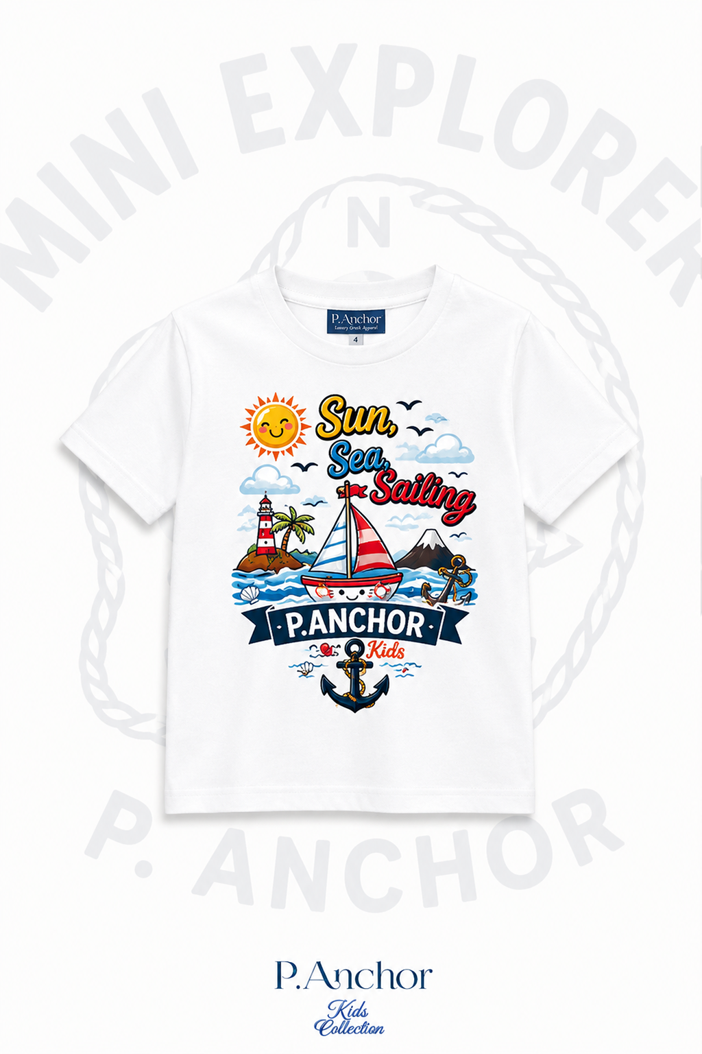 White t-shirt with 'Sun, Sea & Sailing' design and 'P. Anchor Kids' branding on a white background.