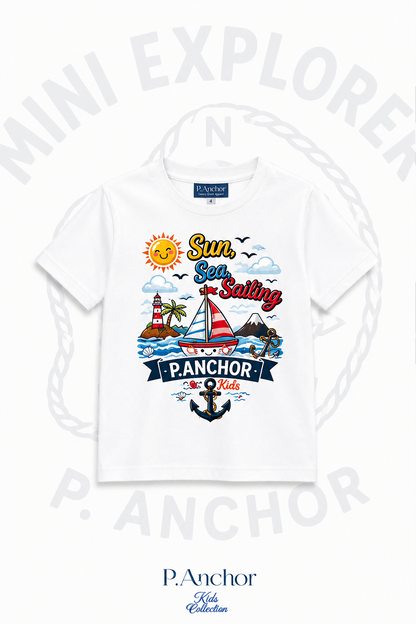 White t-shirt with 'Sun, Sea & Sailing' design and 'P. Anchor Kids' branding on a white background.