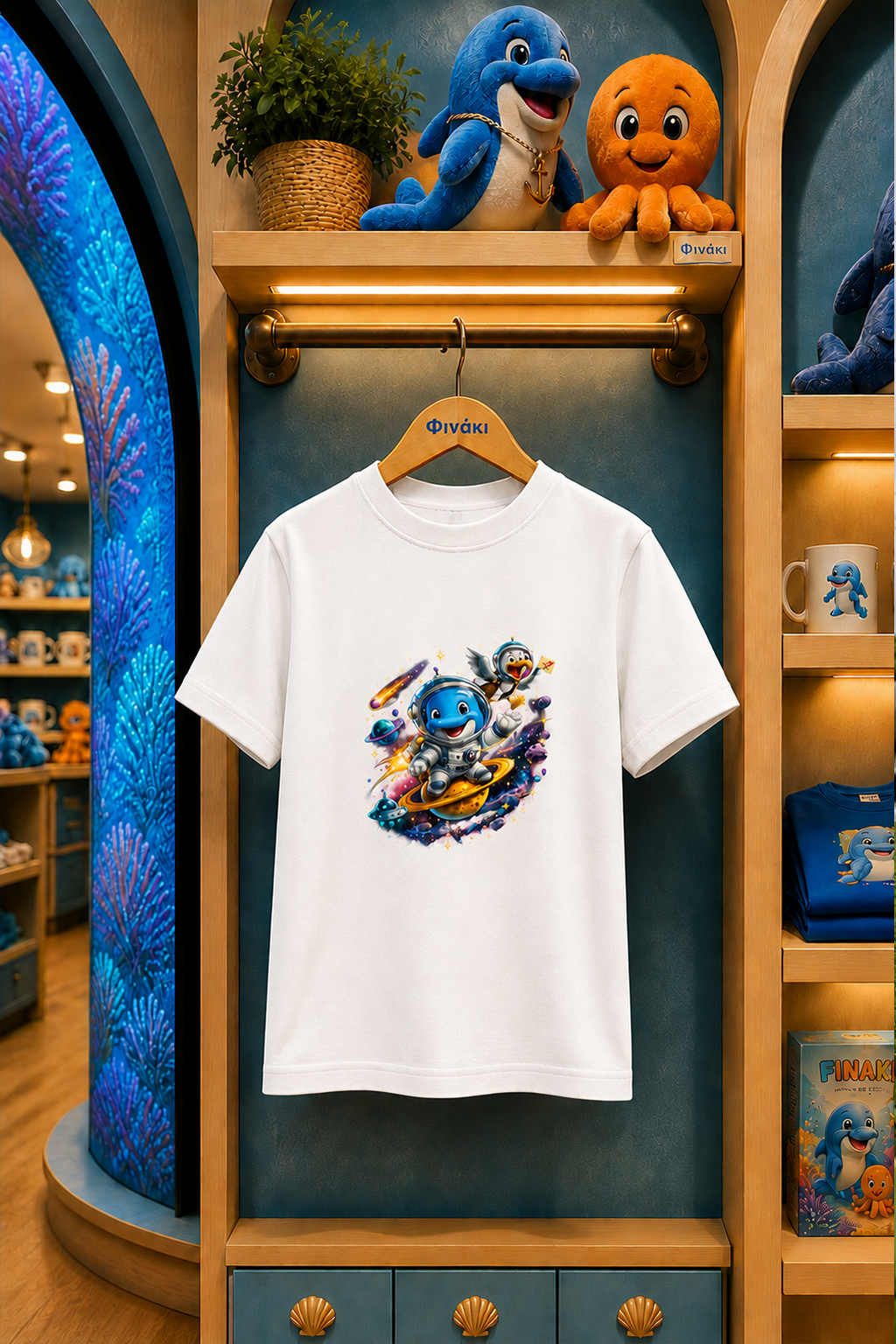 White t-shirt with a colorful graphic design hanging on a wooden hanger against a store display background.