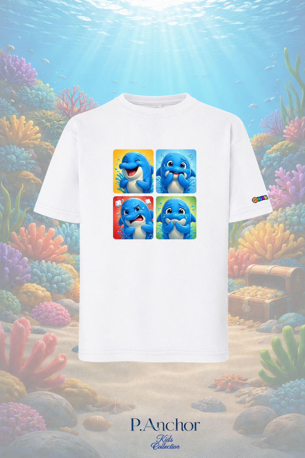 White t-shirt with cartoon dolphins design on a colorful underwater background, featuring the brand 'P. Anchor'.