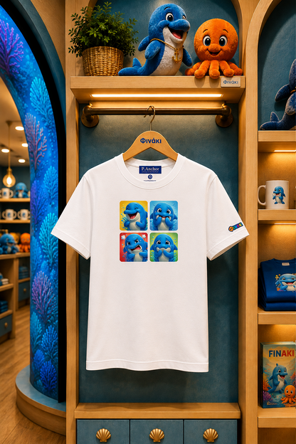 White t-shirt with cartoon character design hanging on a wooden hanger against a colorful background with toys and decor.