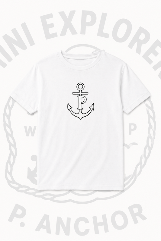 White t-shirt with anchor logo and text on a white background