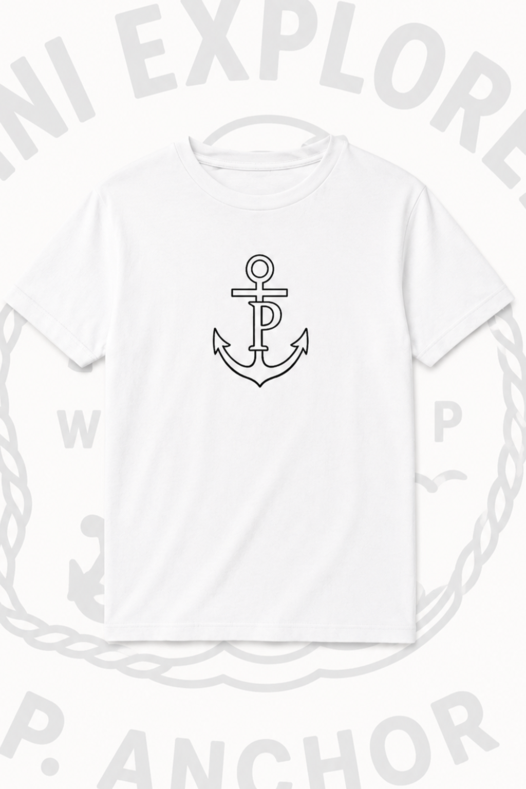 White t-shirt with anchor logo on a white background