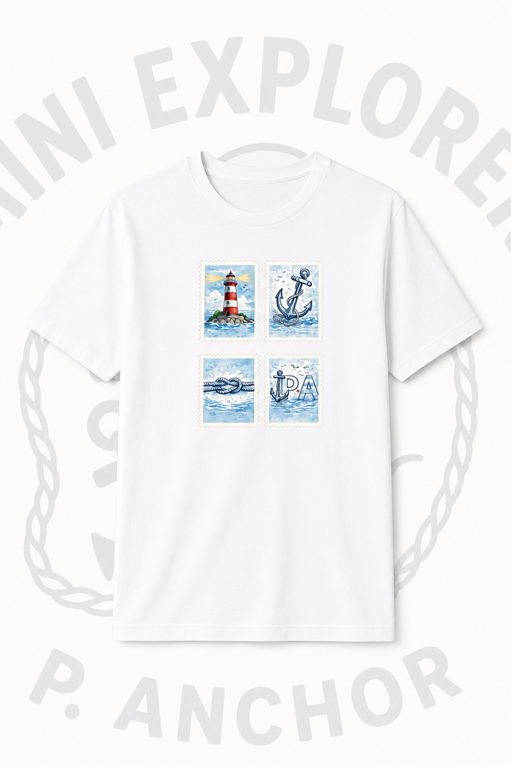 White t-shirt with nautical-themed graphics and text on a white background