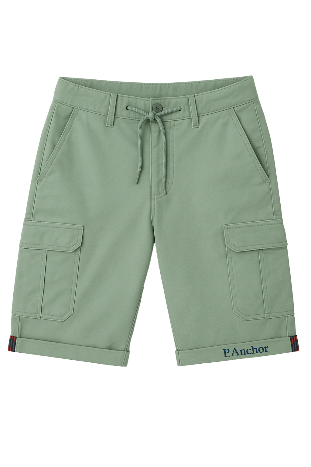 Men's sage green cargo shorts with flap pockets, drawstring waist, and P. Anchor logo on hem
