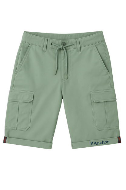 Men's sage green cargo shorts with flap pockets, drawstring waist, and P. Anchor logo on hem
