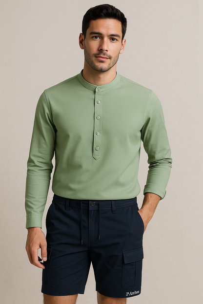 "Men's mint green mandarin collar shirt by P.Anchor with long sleeves and button placket, paired with navy cargo shorts – modern minimal style"