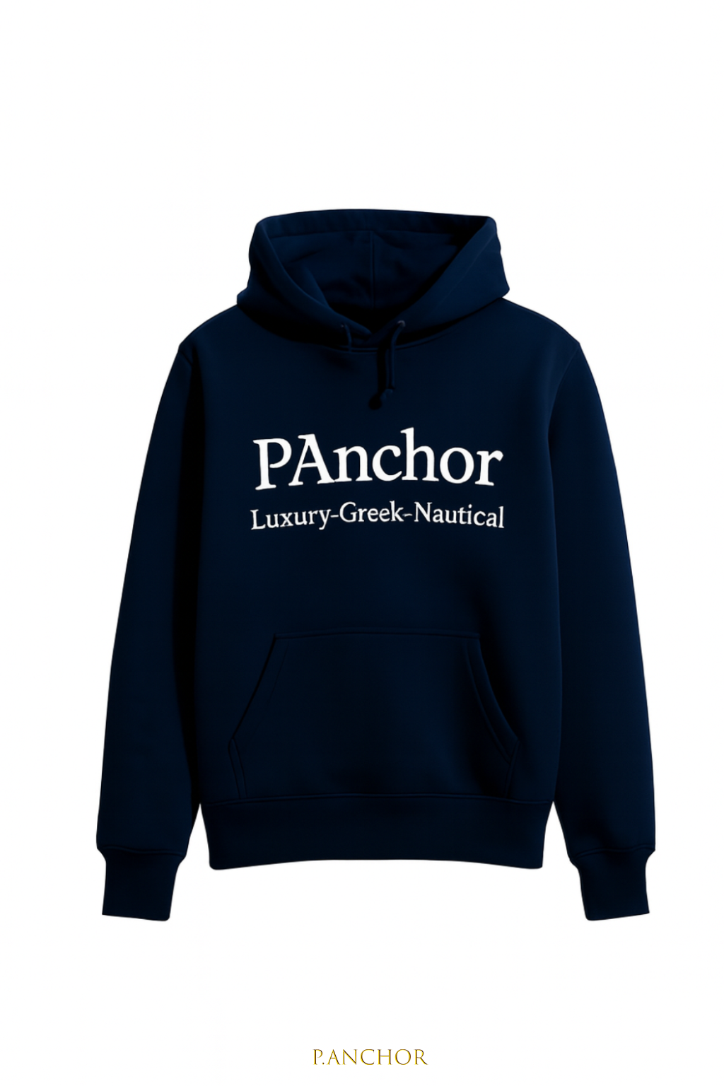 Navy blue hoodie with white embroidered P.ANCHOR logo – luxury nautical unisex sweatshirt