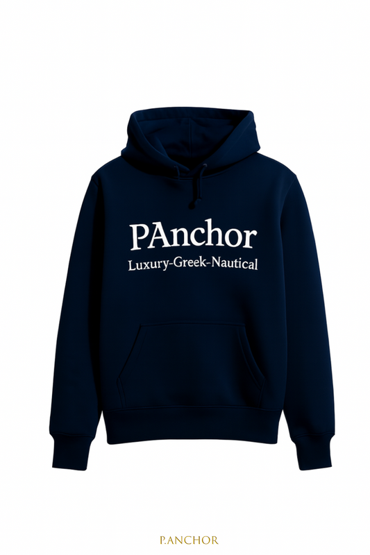 Navy blue hoodie with white embroidered P.ANCHOR logo – luxury nautical unisex sweatshirt