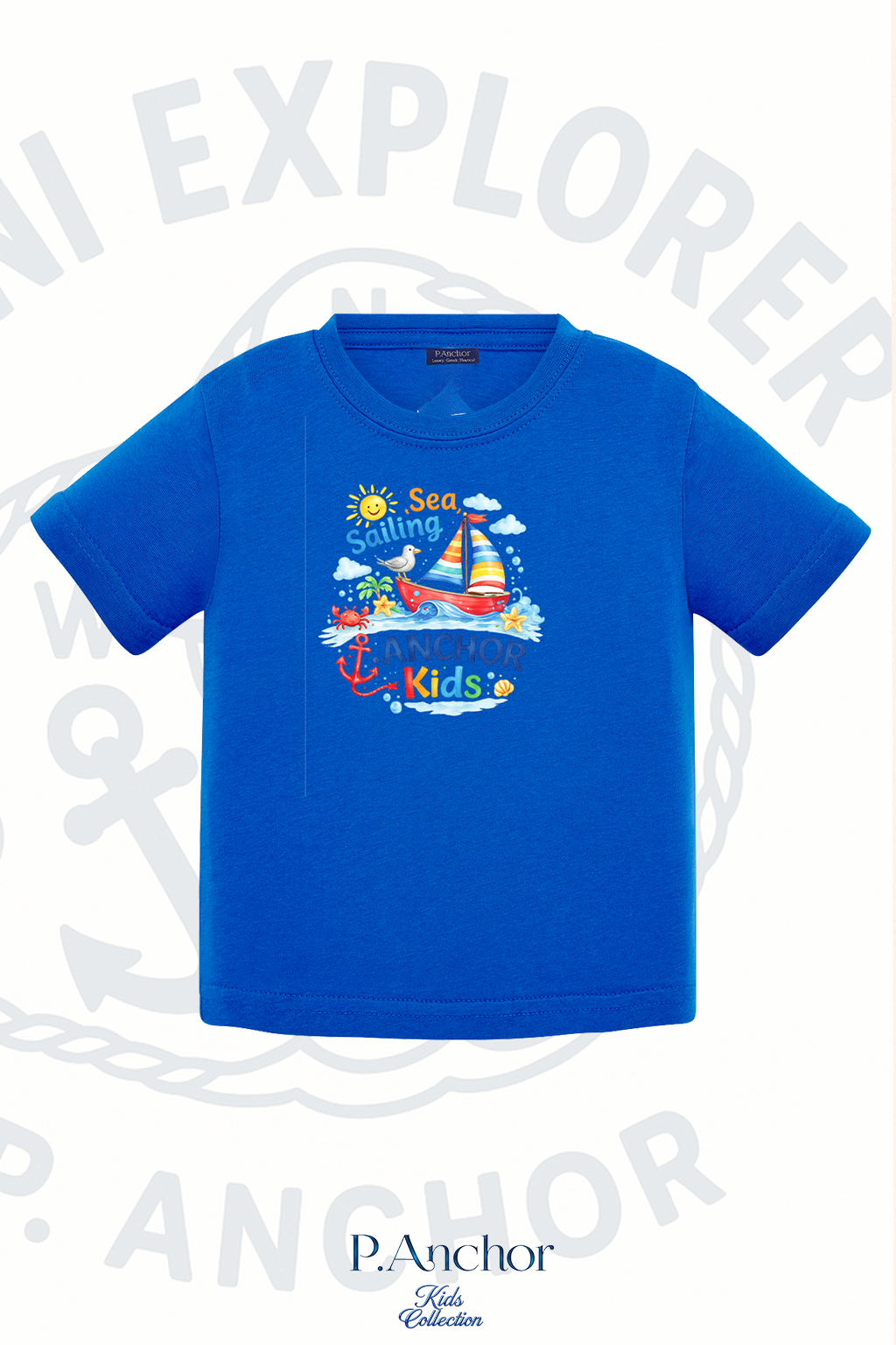 Blue t-shirt with a colorful graphic design on a white background