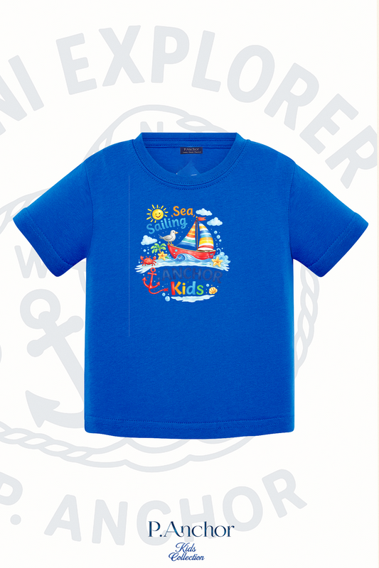 Blue t-shirt with a colorful graphic design on a white background