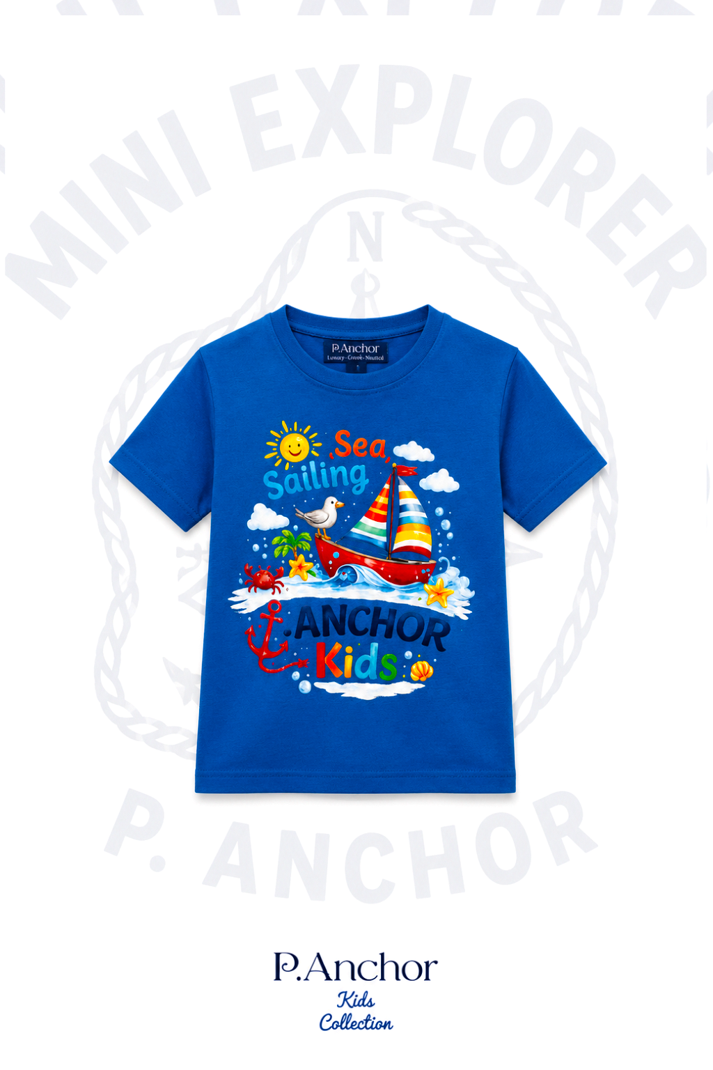 Blue t-shirt with a colorful sailboat design and text on a white background