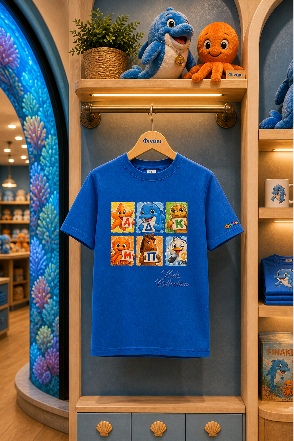 Blue t-shirt with cartoon character design hanging on a rack in a store setting.