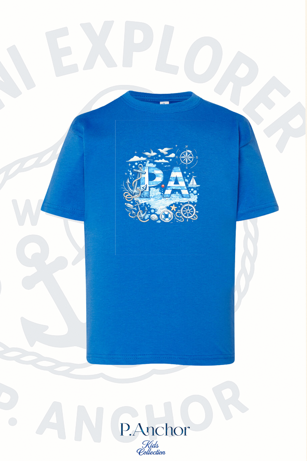 Blue t-shirt with white graphic design on a light gray background