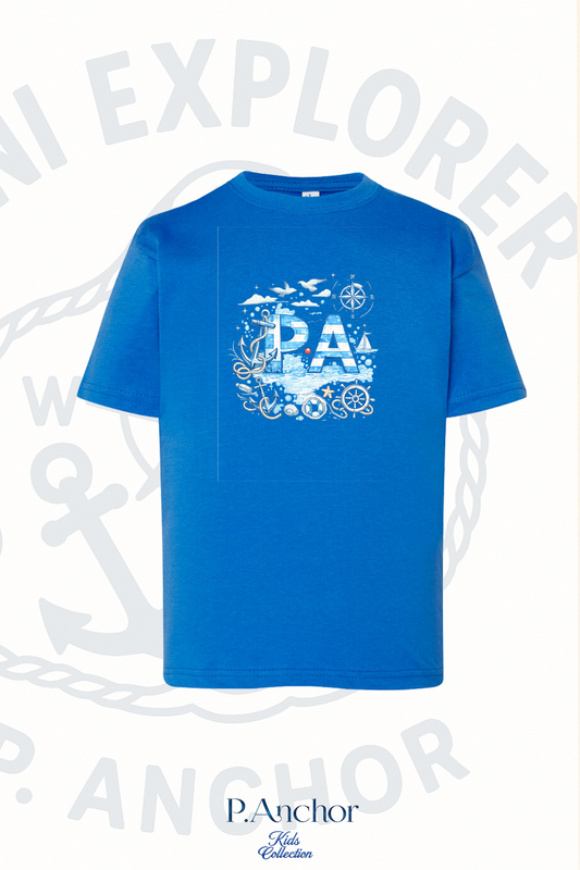 Blue t-shirt with white graphic design on a light gray background