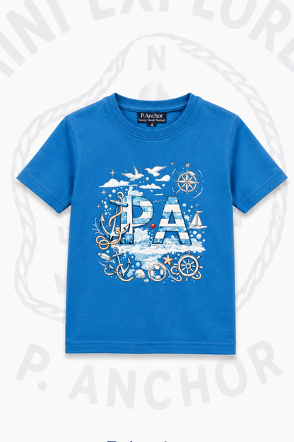Blue t-shirt with nautical-themed design and 'PA' text on a white background