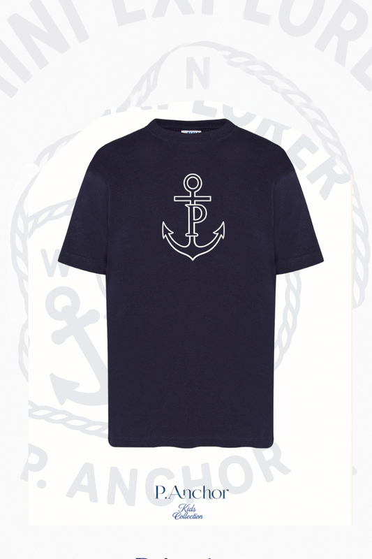 Navy blue t-shirt with white anchor design on a light gray background