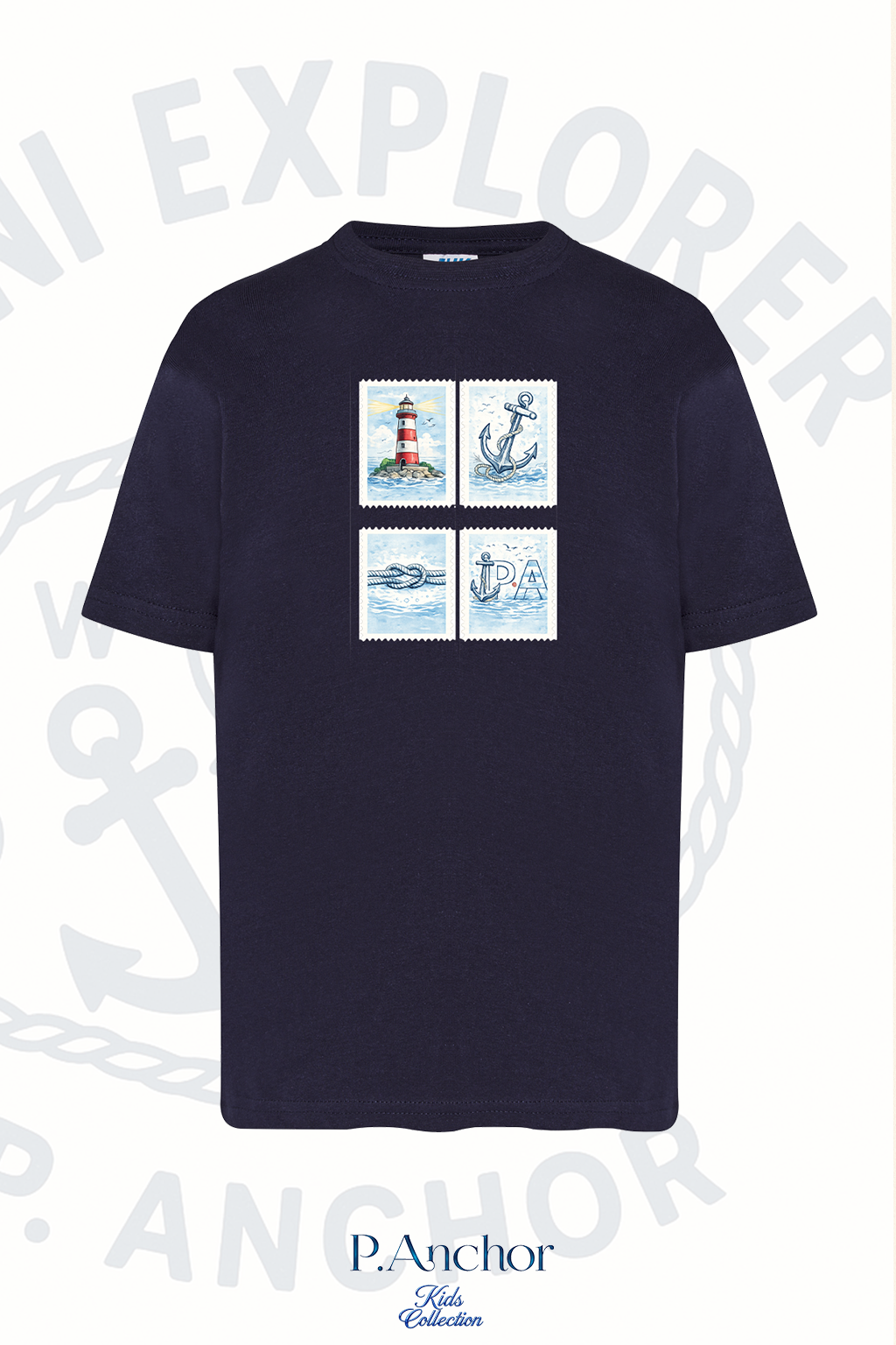 Navy blue t-shirt with nautical-themed graphic on a white background