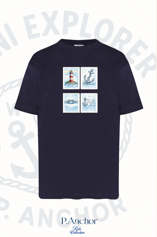 Navy blue t-shirt with nautical-themed graphic on a white background