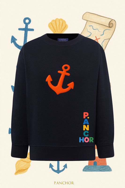 Navy P.ANCHOR kids sweatshirt with red anchor and multicolor vertical logo