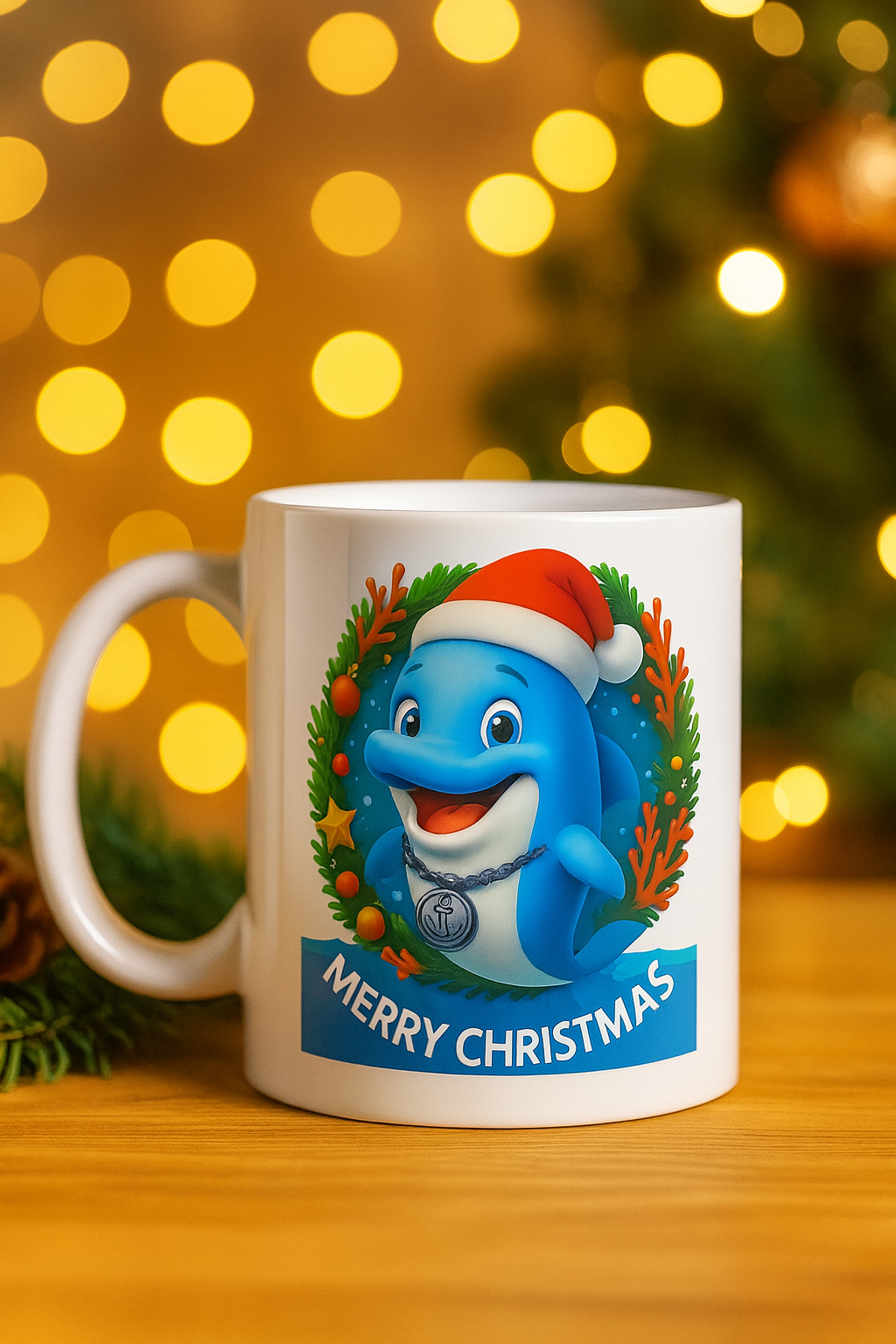 «Κεραμική χριστουγεννιάτικη κούπα με το Φινάκι, χαρούμενο δελφίνι με σκουφάκι Άγιου Βασίλη και στεφάνι Merry Christmas.»