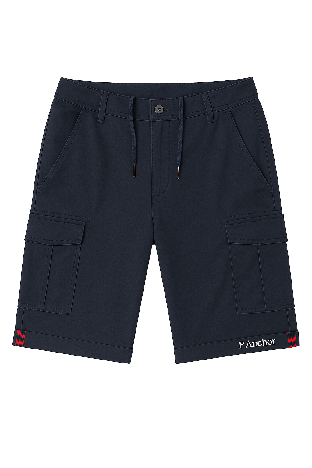 Men's navy blue cargo shorts with flap pockets, drawstring waist, and P. Anchor logo on cuff

