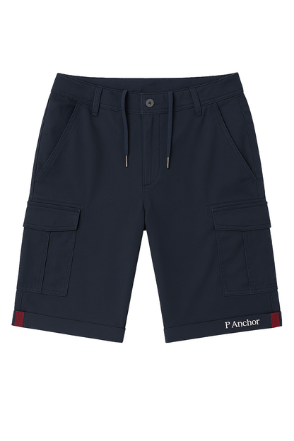 Men's navy blue cargo shorts with flap pockets, drawstring waist, and P. Anchor logo on cuff
