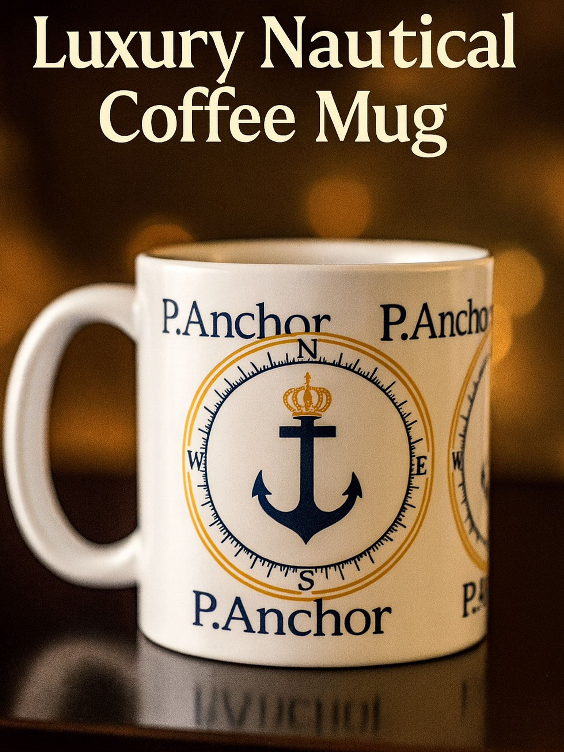 White nautical coffee mug with navy and gold compass and royal anchor logo – P.ANCHOR luxury mug