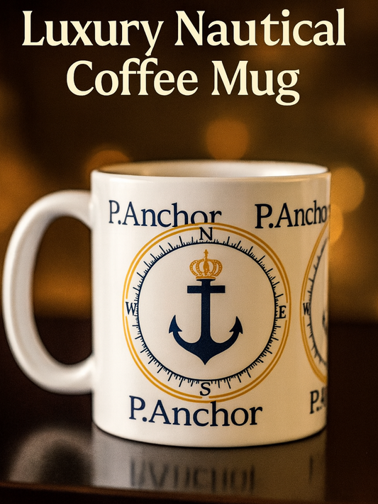 White nautical coffee mug with navy and gold compass and royal anchor logo – P.ANCHOR luxury mug