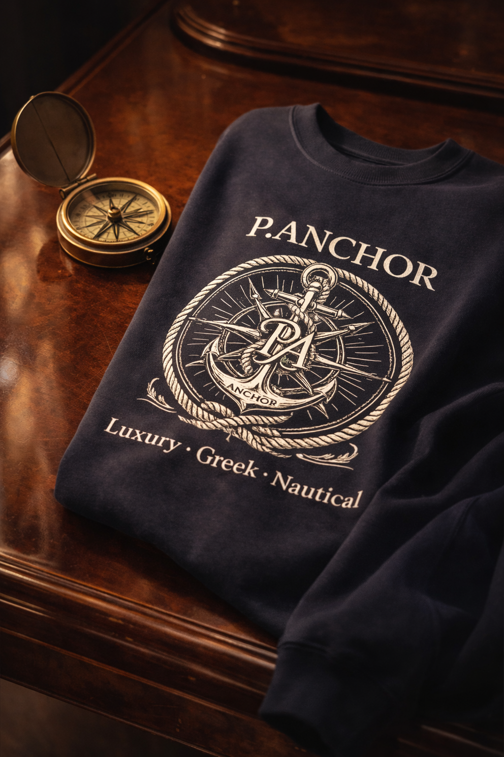 Navy P.ANCHOR crewneck sweatshirt folded on a wooden table with a compass, featuring nautical crest print.