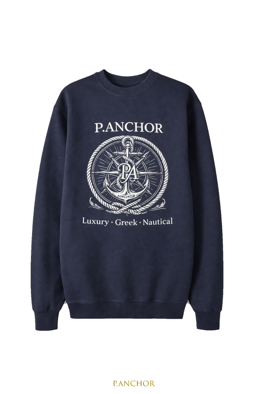 Navy blue sweatshirt with white anchor design and text on a white background