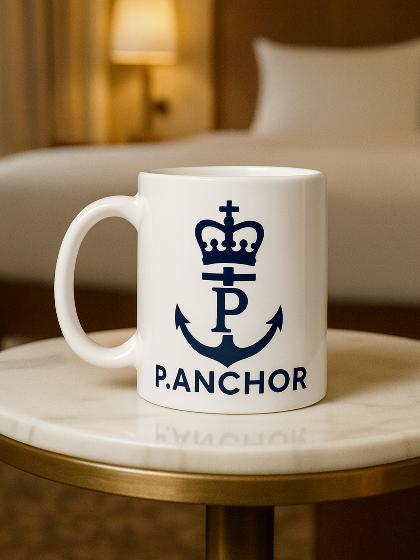 White ceramic mug with P.ANCHOR royal anchor logo in navy blue – luxury nautical cup