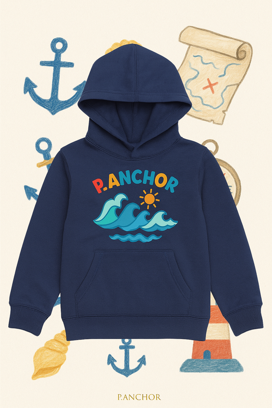 Navy P.ANCHOR kids hoodie with ocean waves and sun illustration