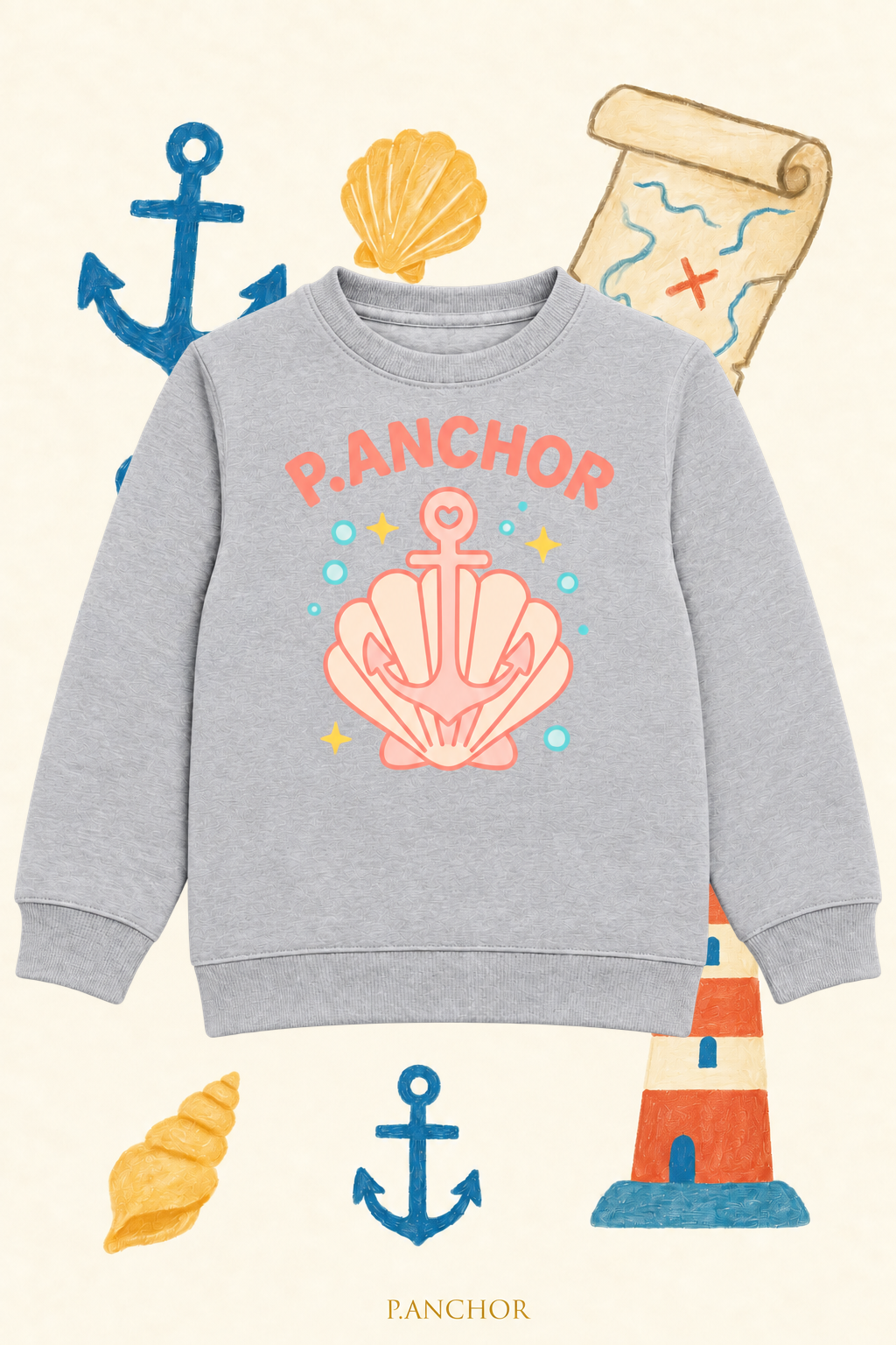 A light gray crewneck sweatshirt featuring a pink seashell and anchor graphic with the text 'P.ANCHOR' in coral pink.