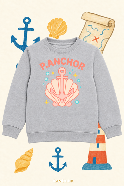A light gray crewneck sweatshirt featuring a pink seashell and anchor graphic with the text 'P.ANCHOR' in coral pink.