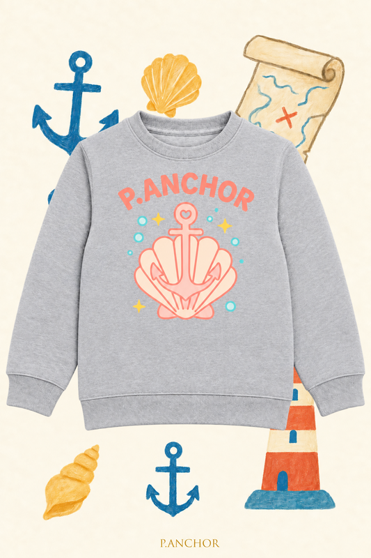 A light gray crewneck sweatshirt featuring a pink seashell and anchor graphic with the text 'P.ANCHOR' in coral pink.