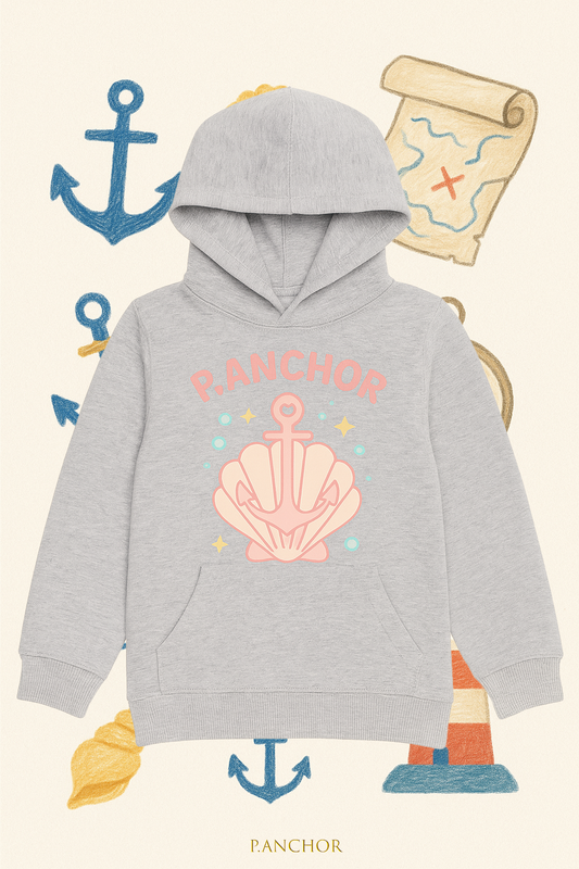 Grey P.ANCHOR kids hoodie with pastel seashell and anchor design