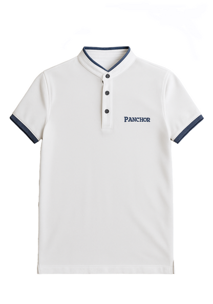 "Men's white short-sleeve polo shirt by P.Anchor with mandarin collar, navy trim and logo, product image on white background"