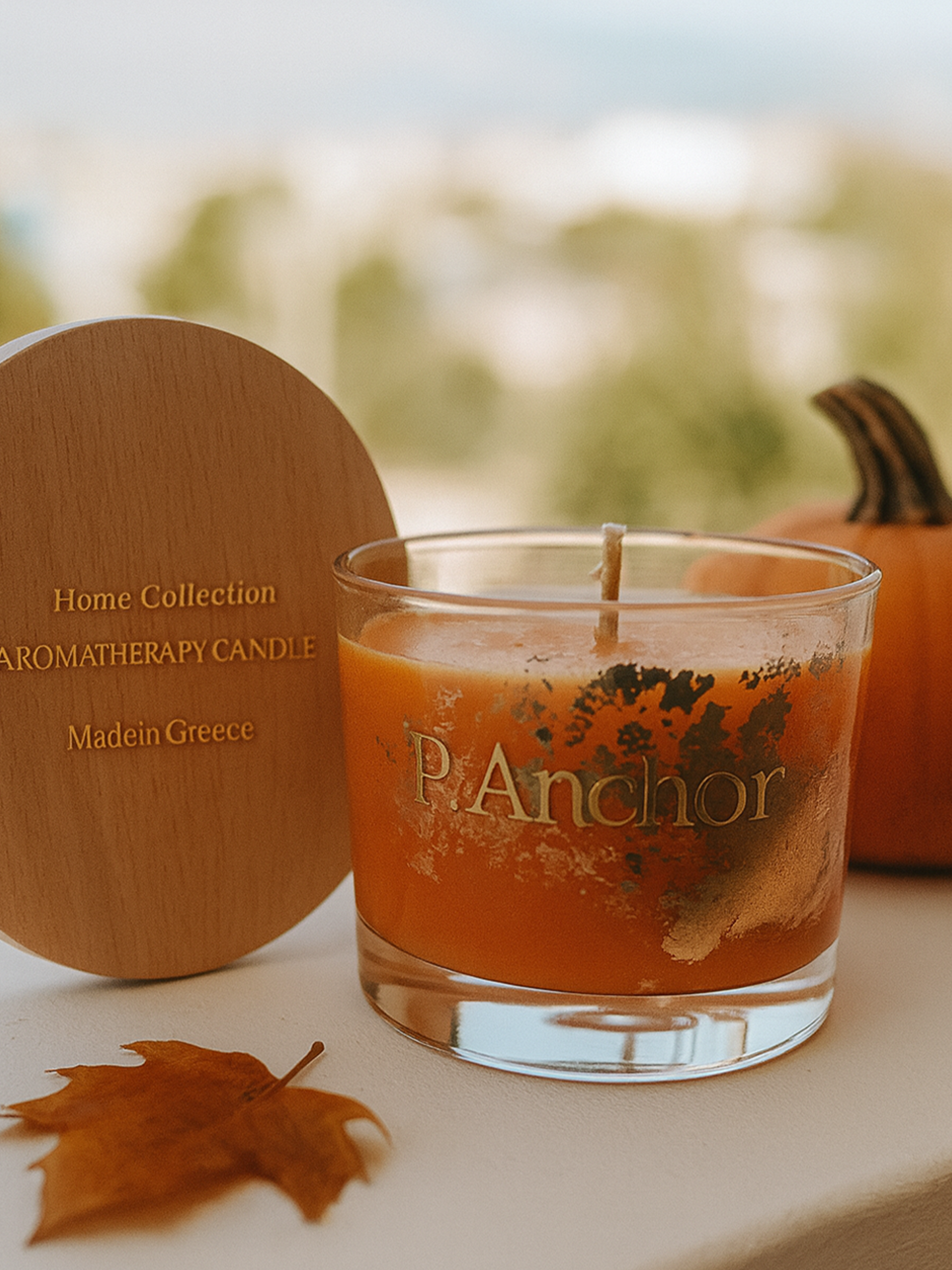 Aromatherapy candle with wooden lid and pumpkin in the background. Glass candle with wooden lid and 'R. Anchor' branding, surrounded by autumn leaves and a pumpkin.