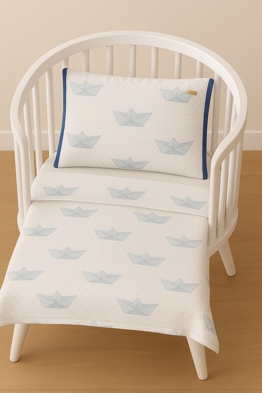 Baby pillow and sheet set with light blue paper boat pattern by P. ANCHOR, displayed on a white crib with wooden floor background.