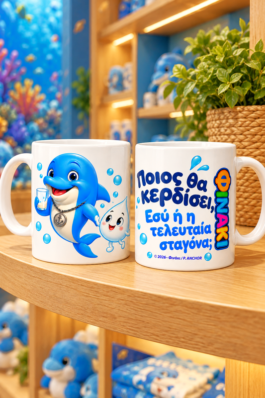 Two white ceramic mugs displayed on a wooden shelf in a themed retail setting. The left mug features a cartoon blue dolphin holding a glass of water, with the text 'ΕΩΡΣ ΛΑΚΙ ΛΒΙΖΛΑΚΓ' on the front.