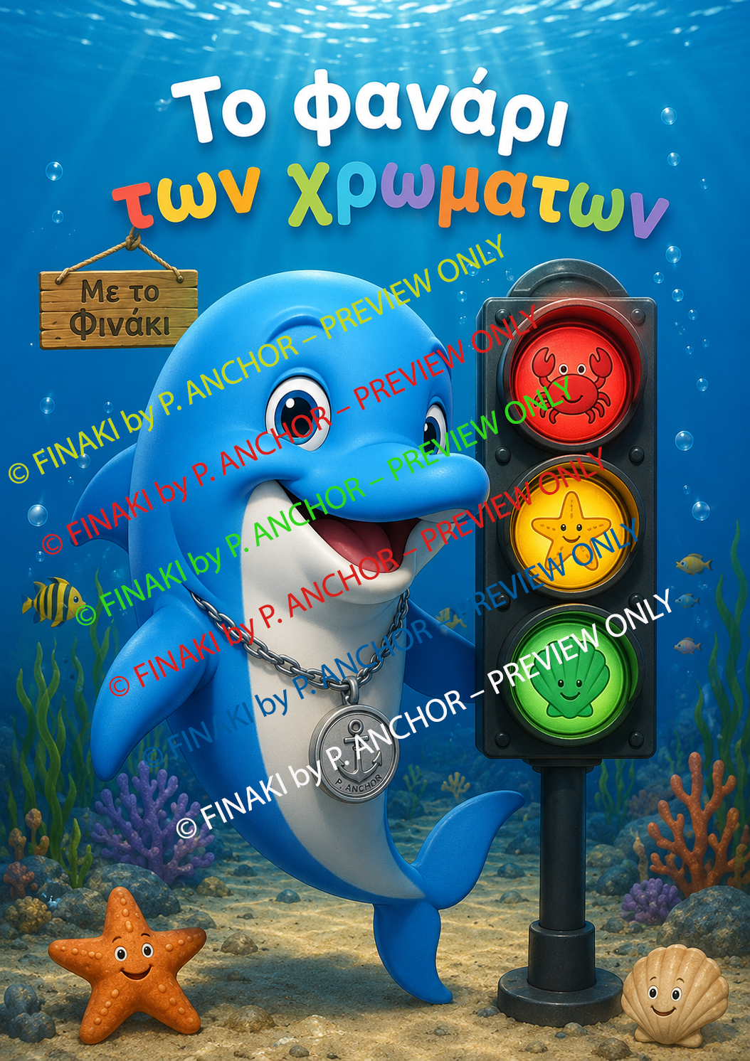 A colorful underwater scene with a cartoon blue dolphin wearing a chain necklace and standing next to a traffic light. The dolphin has a silver medallion around its neck.